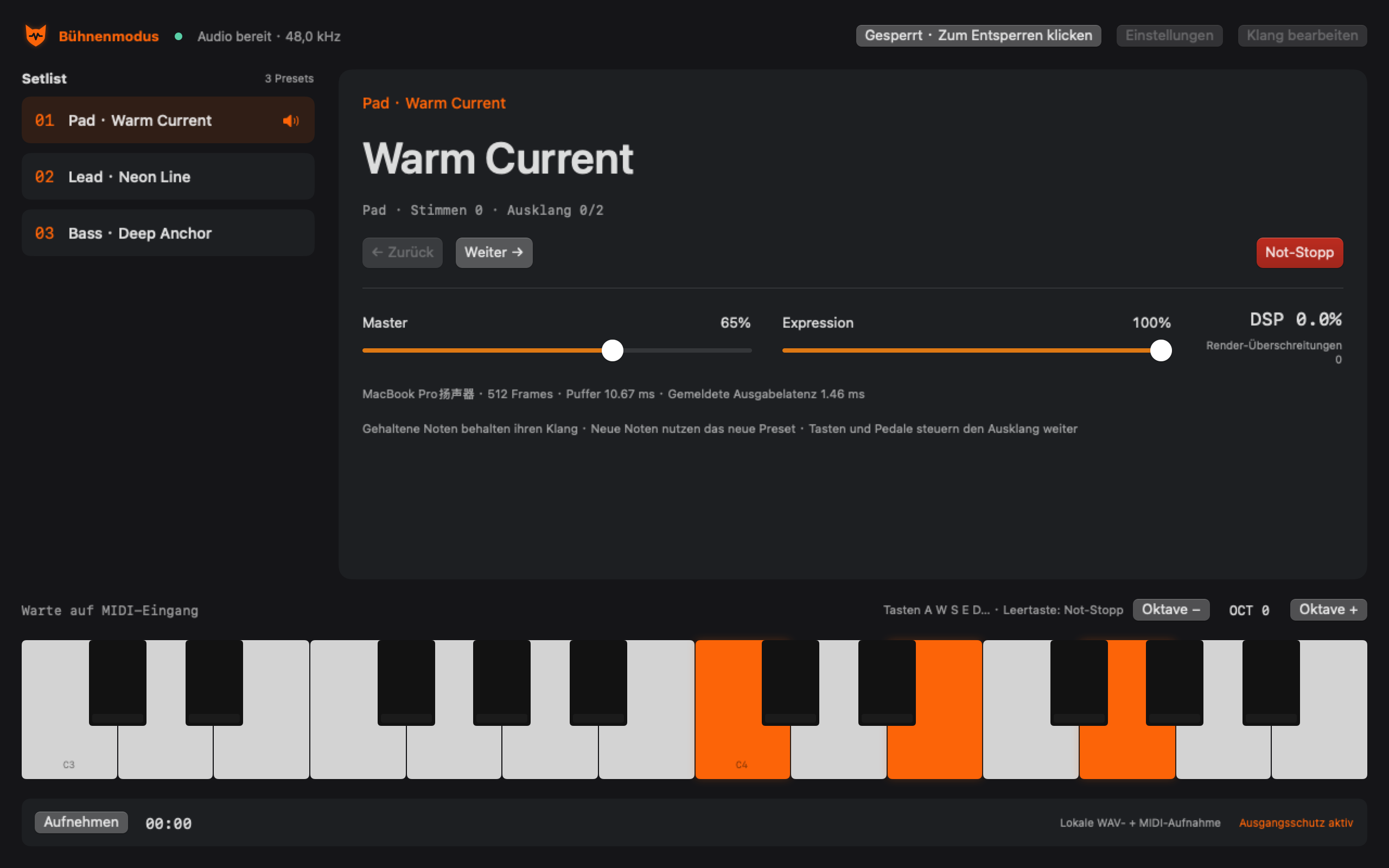 Fox Synth im Bühnenmodus mit Setlist, großen Preset-Namen, Masterlautstärke und Not-Stopp.