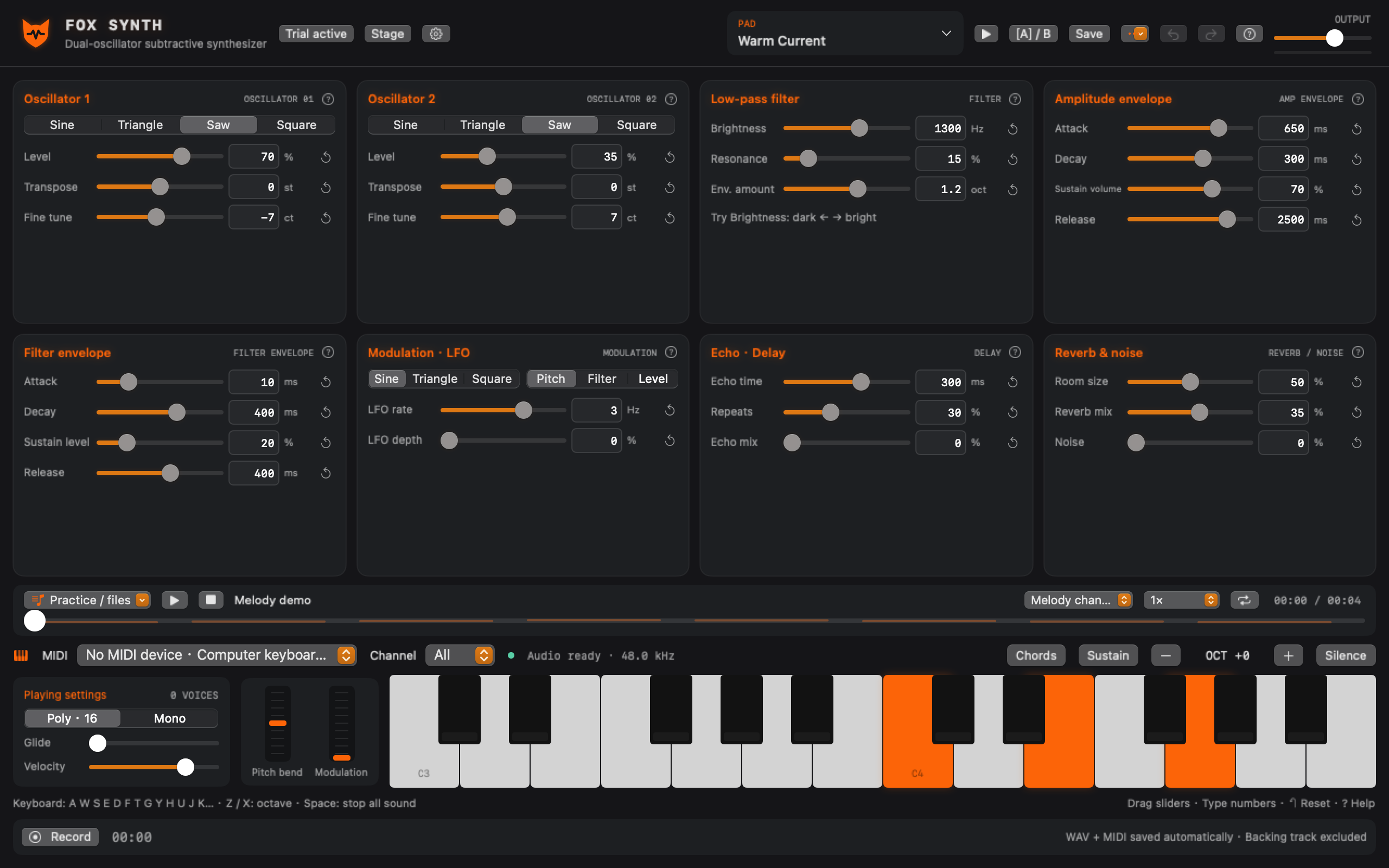 Fox Synth for Mac with dual oscillators, filter and envelope controls, MIDI keyboard and local recording.