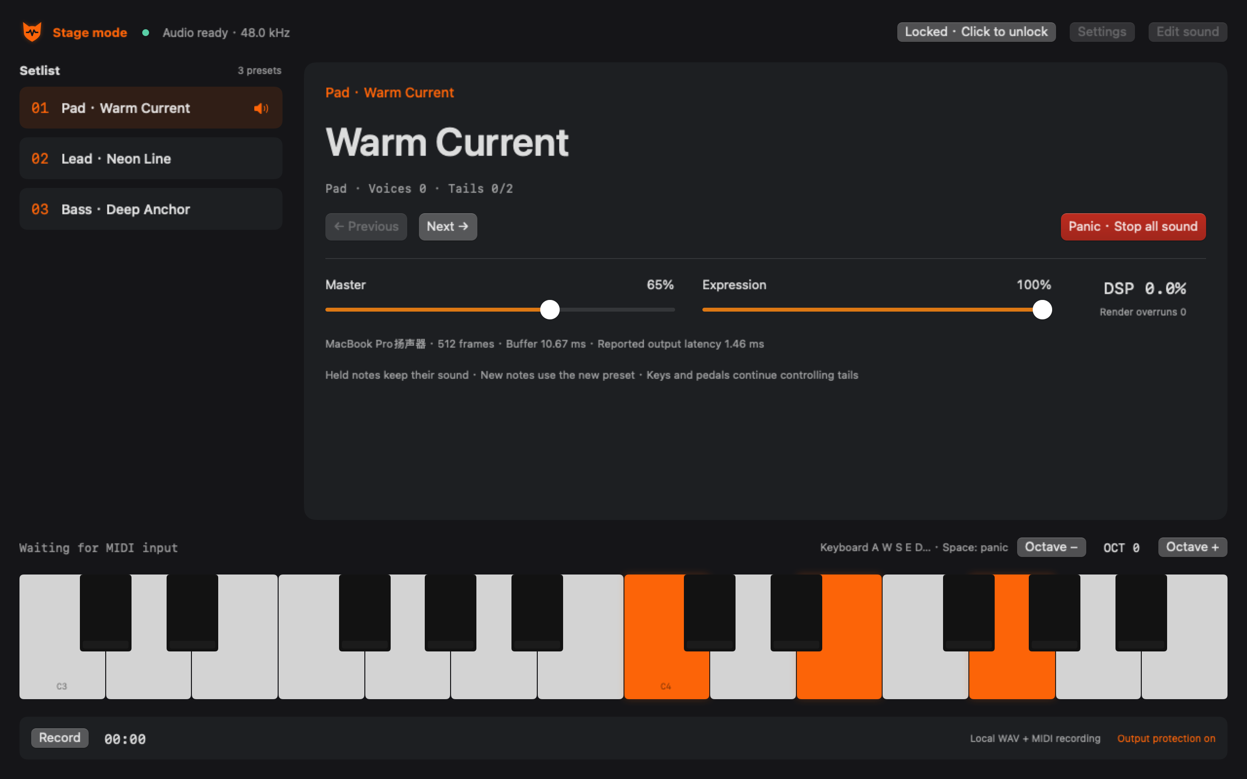 Fox Synth stage mode with setlist, large preset names, master volume and panic control.
