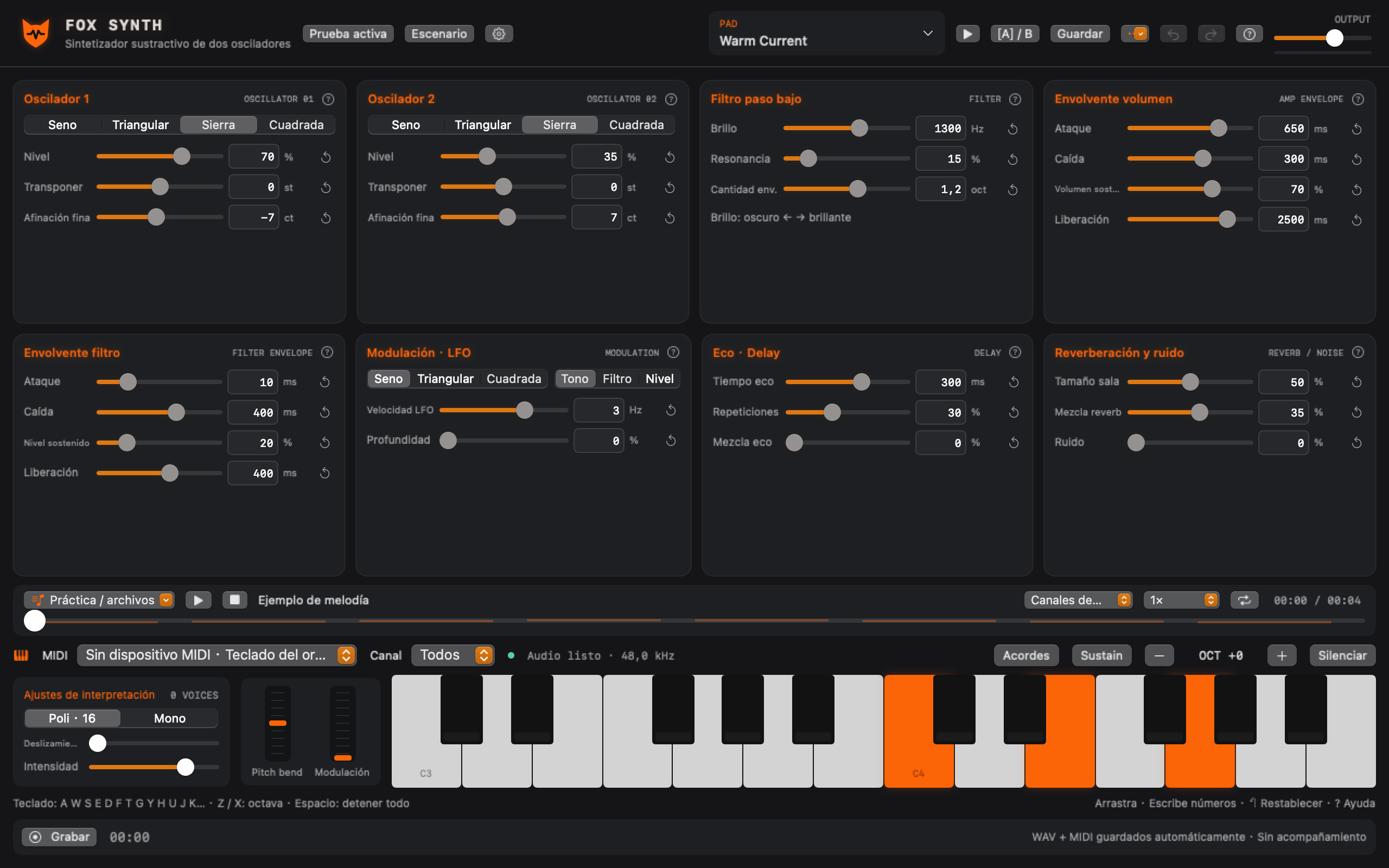 Fox Synth para Mac con dos osciladores, filtro, envolventes, teclado MIDI y grabación local.