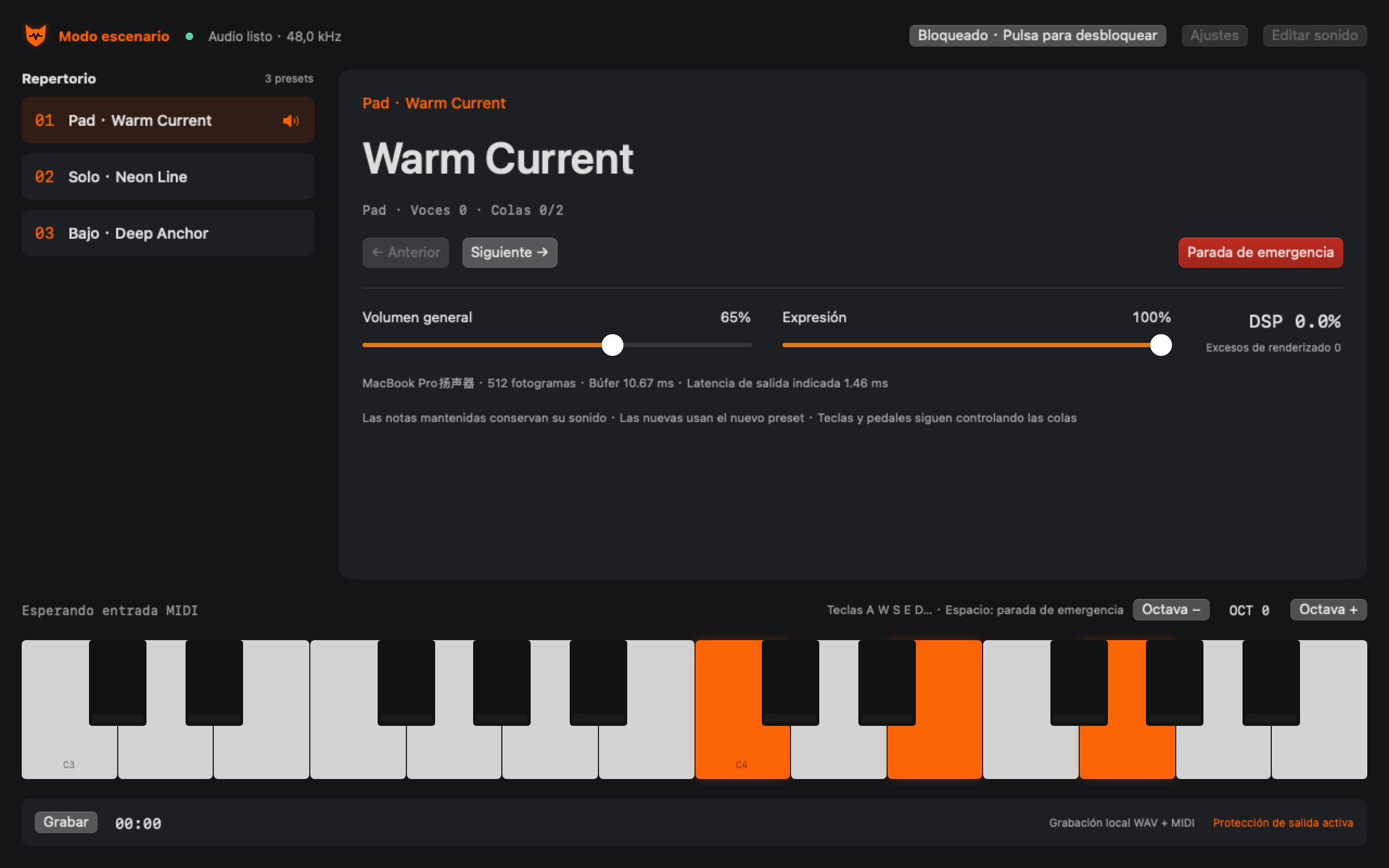 Modo escenario de Fox Synth con repertorio, nombres grandes, volumen general y parada de emergencia.