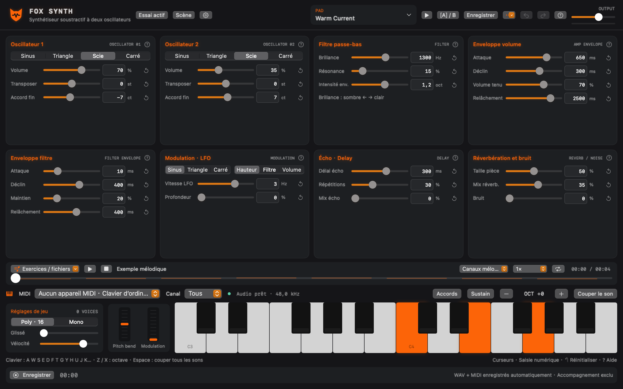 Fox Synth sur Mac : deux oscillateurs, filtres, enveloppes, clavier MIDI et enregistrement local.