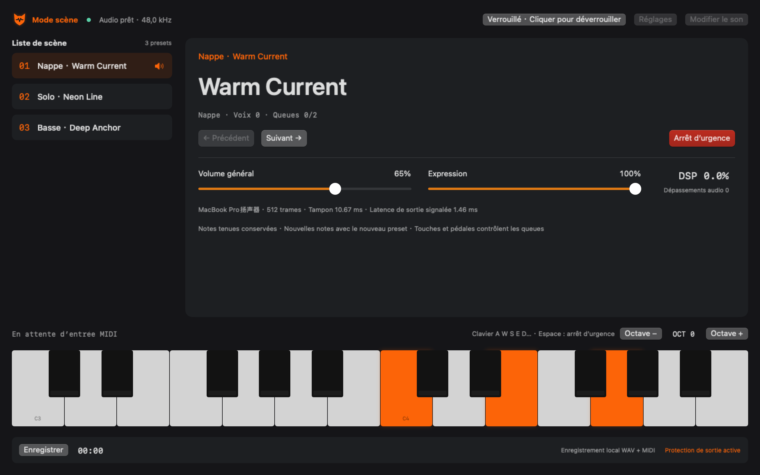 Mode scène de Fox Synth avec liste de presets, grands noms, volume général et arrêt d’urgence.